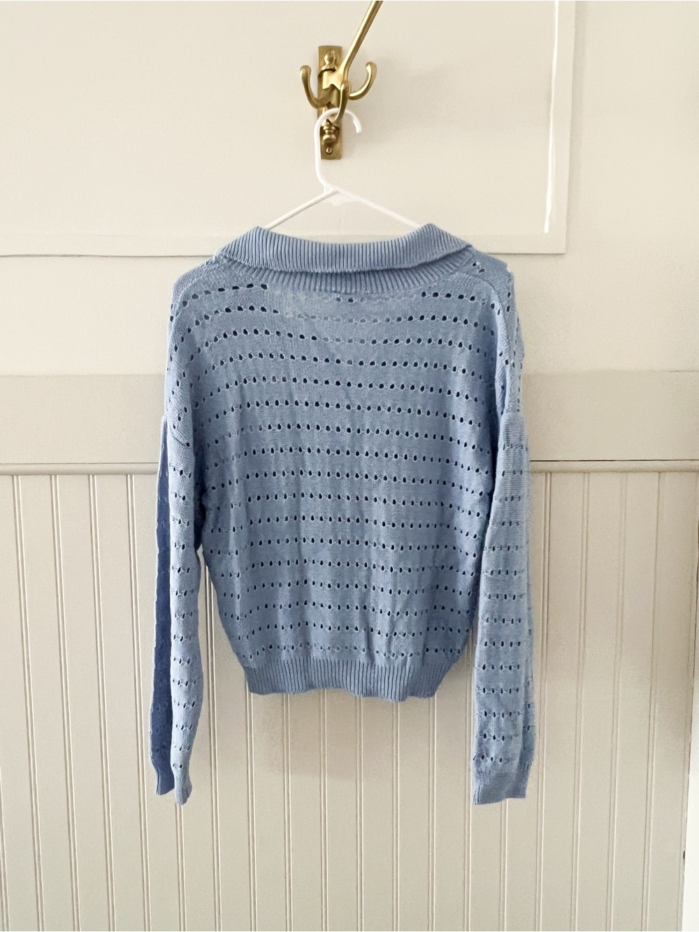 Francesca's Collections Light Blue Pointelle V-Neck Collared Sweater - Picture 5 of 5